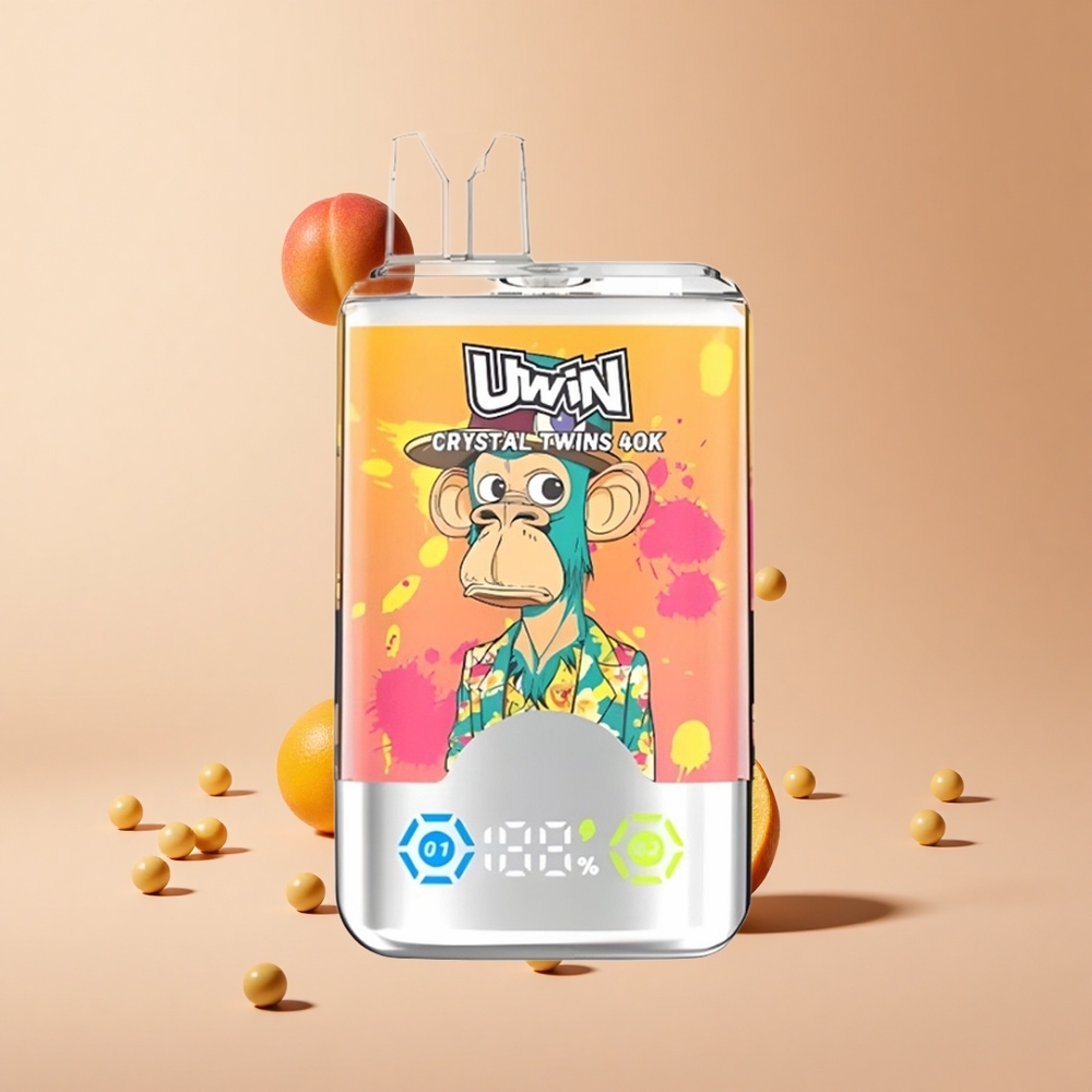Şeftali Mango Ananas Kırmızı Boğa Uwin Crystal Twins 40000 Puf Şarj Edilebilir Tasarım: 850mAh pil, 32ml E-sıvı Kapasitesi