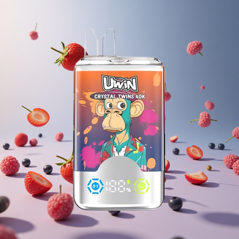 Çilek Ahududu Kiraz Mr Mavi Uwin Crystal Twins 40000 Puff Şarj Edilebilir Tasarım: 850mAh pil ve Tip-C Şarj