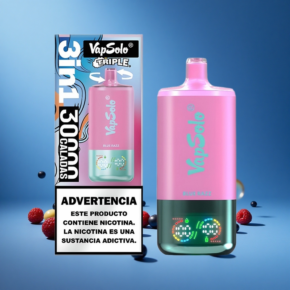 Mavi Ahududu VapSolo Triple 30000 Puff 40ml E-Sıvı 3 Yağ Tankı Type-C Şarj Portu