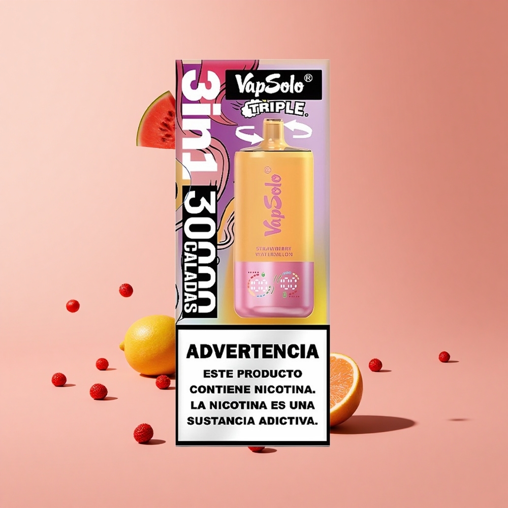 Çilek Karpuz & Limon Şeftali Vapsolo Triple 30000 Puff 40ml E-Sıvı 3 Yağ Tankı Tip-C