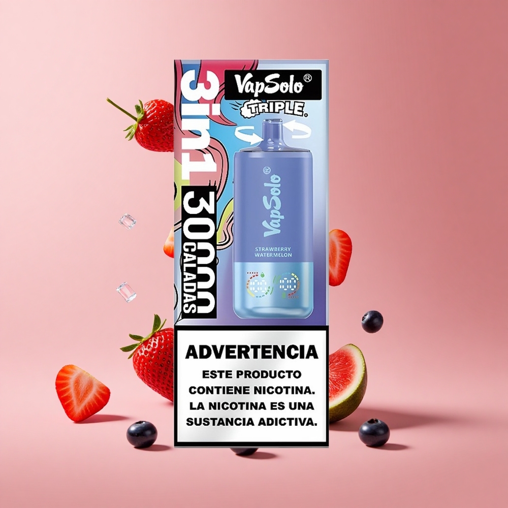 Çilek Karpuz & Yaban Mersini Buz VapSolo Triple 30000 Puff 40ml E-Sıvı 20 mg/ml Nikotin 3 Yağ Tankı Tip-C