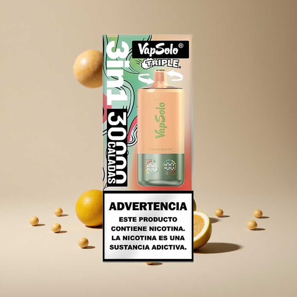 Üçlü Kavun VapSolo Triple 30000 Puffs 40ml E-Sıvı 20 mg/ml,50 mg/ml Nikotin 3 Yağ Tankı Type-C Şarj Portu