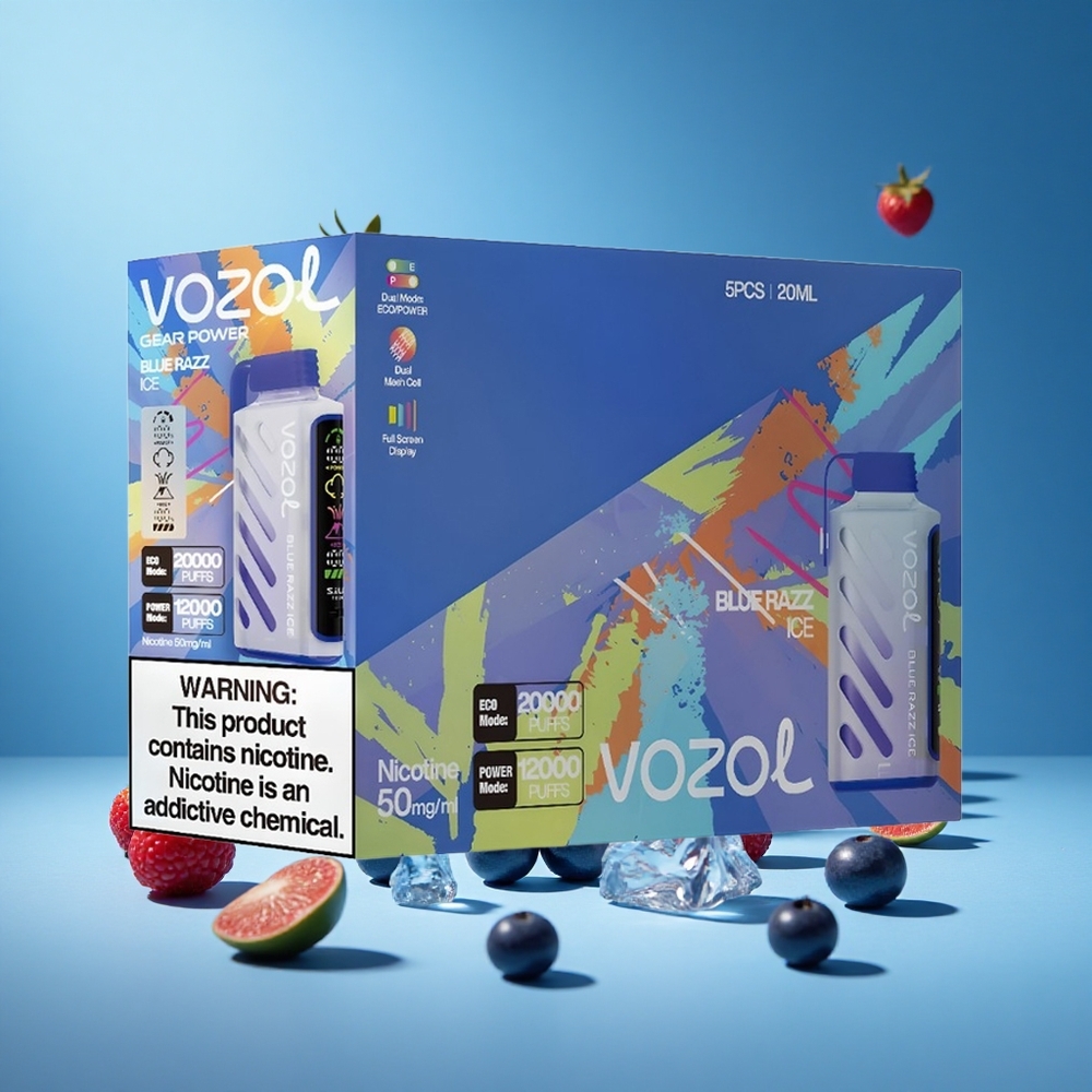 Mavi Ahududu Buz VOZOL Gear Power 20000 Puffs Tam Ekran Gösterge 20mL Ön Doldurmalı